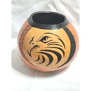 Hand Carved Painted Eagle Gourd Bowl Vase Native Indigenous Art Inlayed Stone